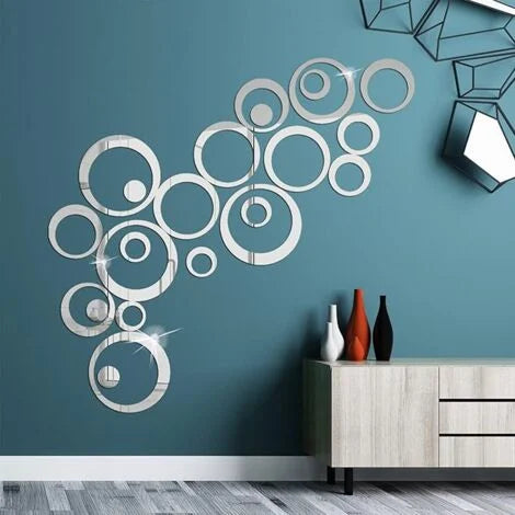 Silver Acrylic Mirror Rings – Modern Wall Decor Set of 22