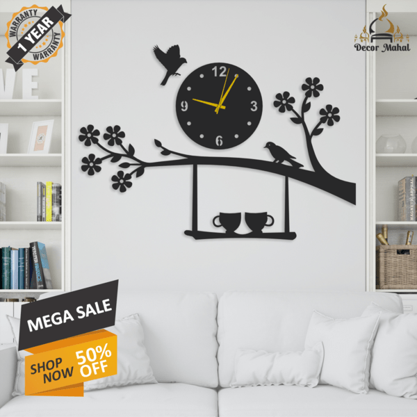 Large Wooden Hanging Cups Tree Branch Wall Clock