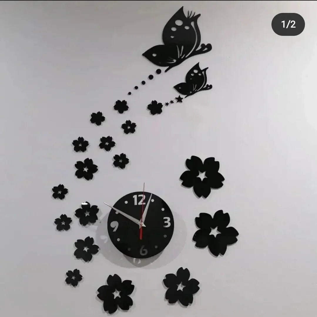 Modern living room wall featuring a 22-inch acrylic butterfly wall clock by HBAK Choices, enhancing home decor