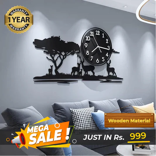 Big Wooden Grazing Deer in Meadows Wall Clock – Modern MDF Home Decor