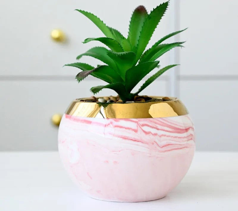 Ceramic marble vases with gold iron stand as pastel office decor
