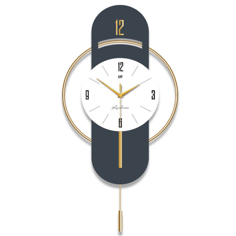Close-up of golden pendulum and clock hands against gray-blue backdrop

