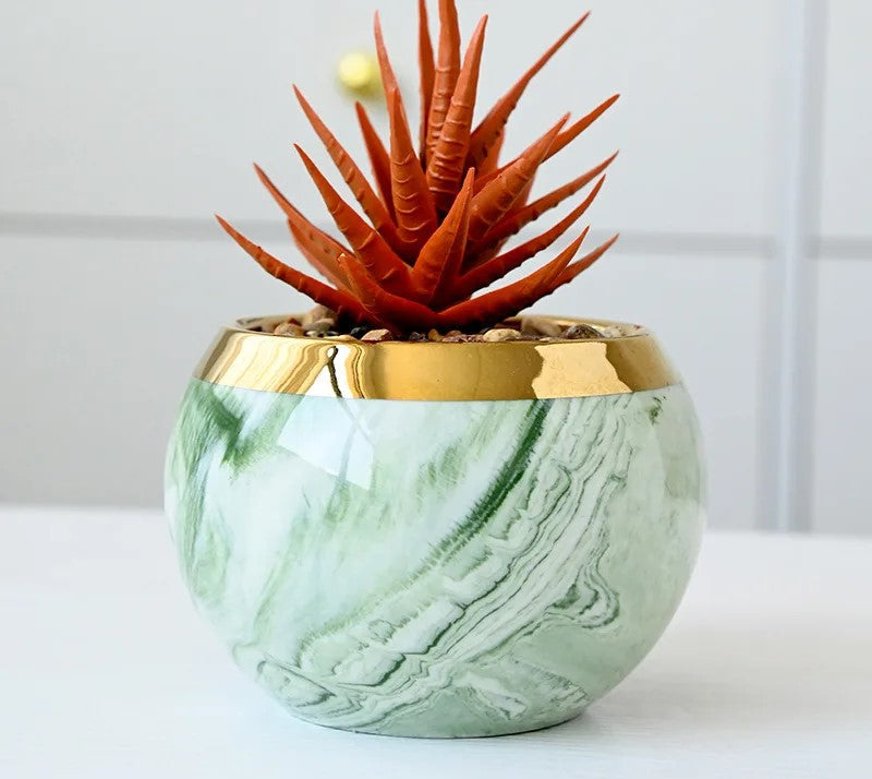 Elegant ceramic flower pots in pastel marble design with iron stand
