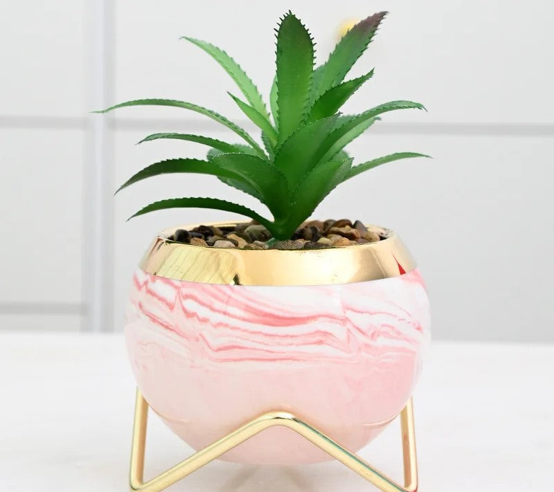 Marble vase set in pastel decor on brass iron stand
