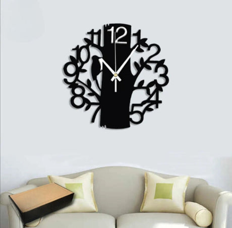 Modern black laminated MDF wall clock with tree motif – affordable 3D design for home decor
