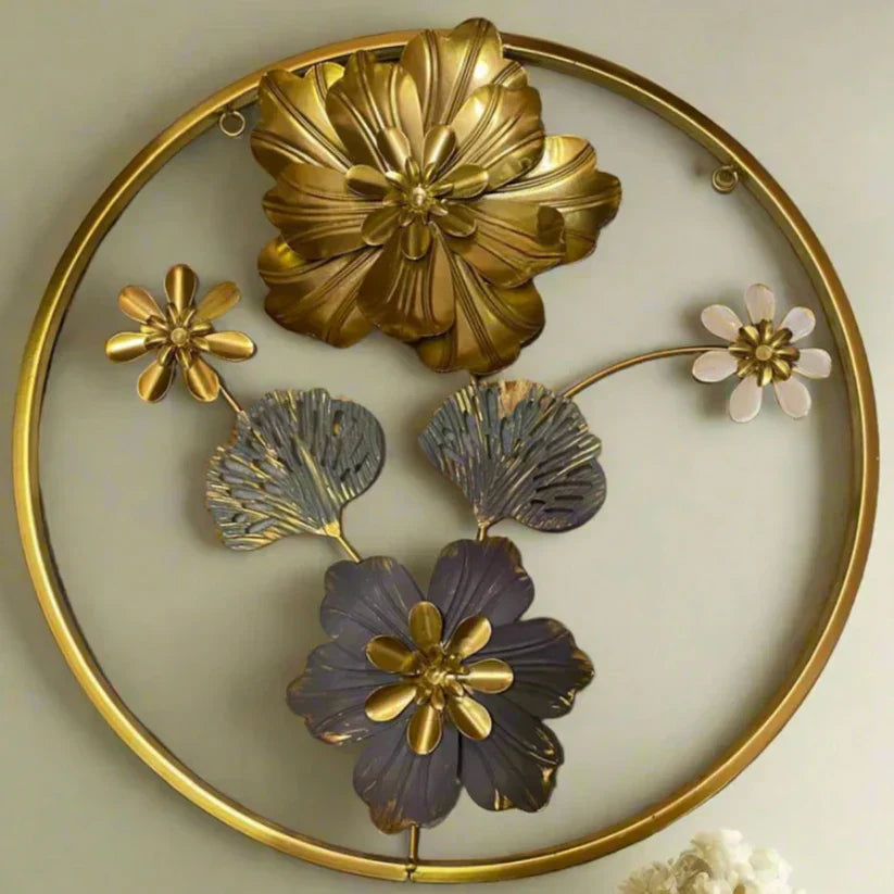 Round golden metal flower wall frame