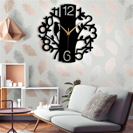 Stylish 3D wooden wall clock with black laser-cut tree design (12x12 inches) – modern home decor accent
